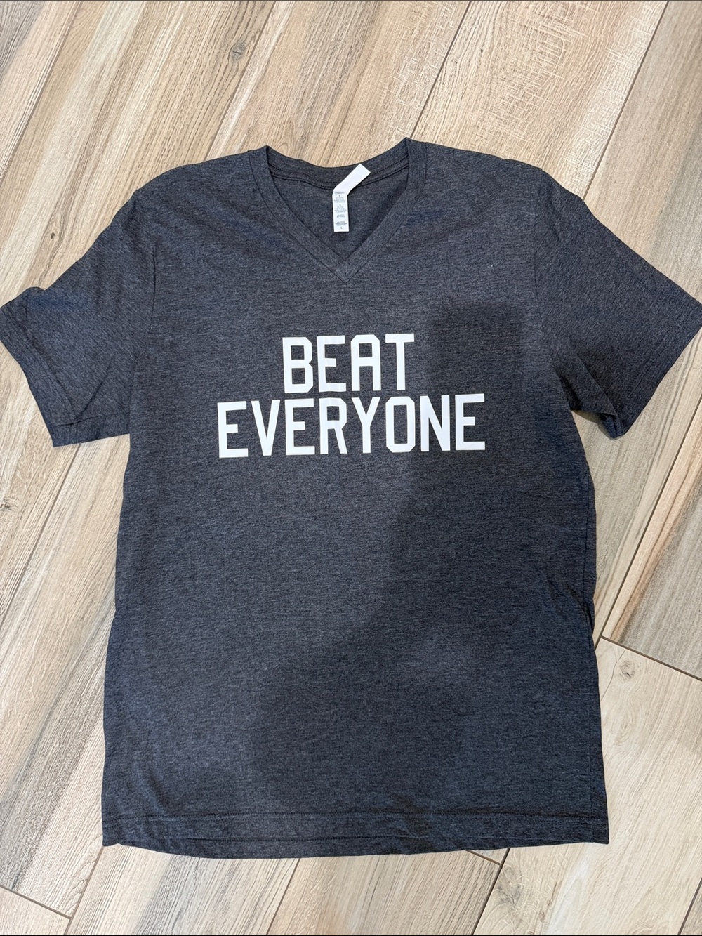 Bella Canvas Charcoal V-Neck Tee with White 'Beat Everyone' Print